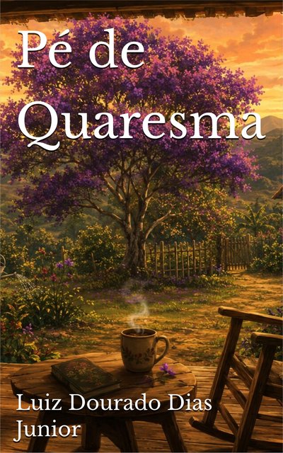 Cover of Pé de Quaresma by Luiz Dourado Dias Junior: a blooming quaresmeira tree in front of a porch with coffee and a rocking chair